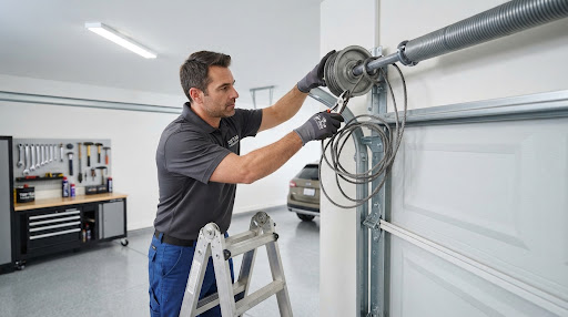Rendered image of a garage door track with a steel lift cable off its roller drum inside a well-lit garage