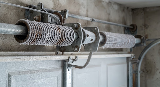 Frost-covered torsion springs, cable drum and bearing plate above an uninsulated Minnesota garage with the door down