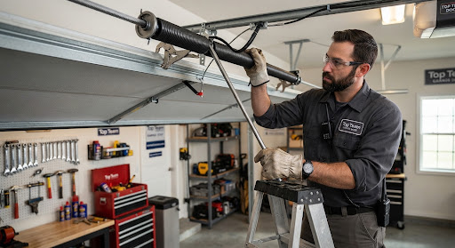 Top Team Garage Door technician on a stepladder inspecting the torsion spring and shaft above a residential garage door
