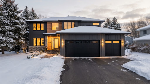 Modern two-story home at dusk in fresh snow with a dark two-car insulated garage door and a cleared driveway