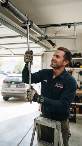 Technician on a stepladder adjusting the torsion spring and track above an open garage door