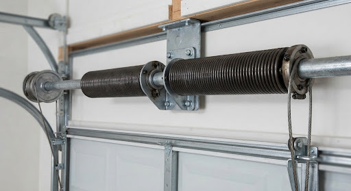 Two torsion springs on the shaft above a garage door with the center bearing plate, end drum and lift cable visible