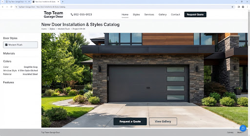 Graphite gray modern flush garage door with four small horizontal windows on the right side, set in a stone-faced contemporary house