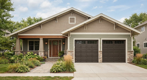 Two dark bronze recessed-panel garage doors with a row of small square windows on a tan craftsman bungalow with a covered porch