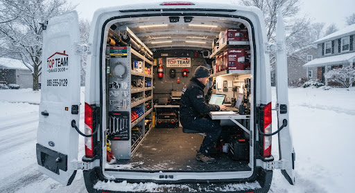 Rear view of a Top Team service van with both doors open on a snowy street, shelves of springs and parts inside and a technician working at a laptop