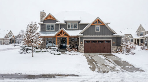Suburban Minnesota home in winter with a new dark wood-look insulated garage door and a cleared driveway