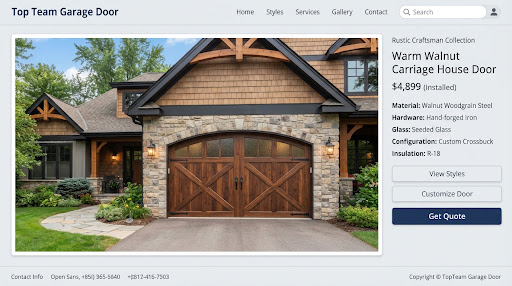 Walnut-toned wood-look carriage house garage door with crossbuck overlays, iron strap hardware and seeded glass tops under a stone and timber gable