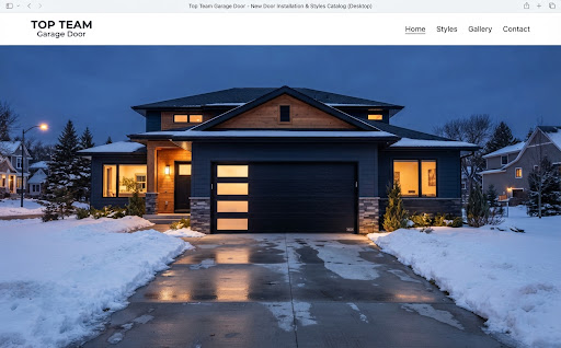 Black modern flush garage door with a vertical row of frosted glass panels on a two-story home at dusk, snow banked along the driveway