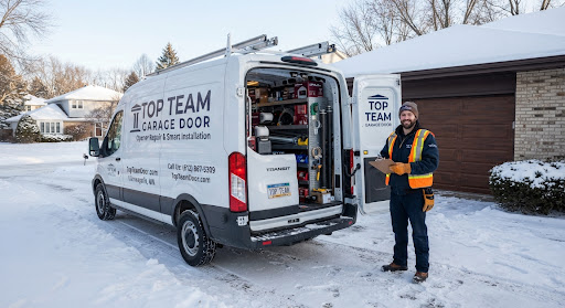 Top Team Garage Door service van with its rear doors open in a snowy Minneapolis driveway and a technician in a safety vest holding a clipboard beside it