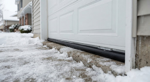 Rendered close-up of a garage door bottom rubber seal pressed against a snow-packed concrete driveway threshold
