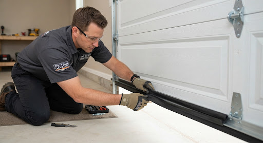 Technician kneeling at the bottom of a white garage door pressing a new rubber bottom seal into the retainer