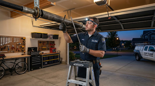 Rendered image of a technician in work gear servicing an overhead torsion spring in a residential garage