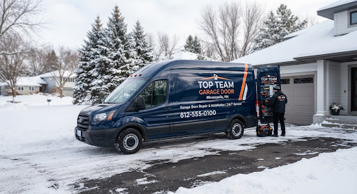 Top Team Garage Door van parked in a snowy Minneapolis driveway with a technician unloading at the rear beside a residential garage door