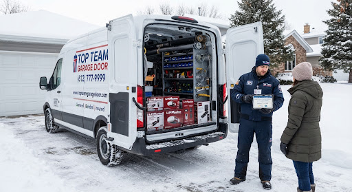 Technician showing a homeowner a tablet beside an open Top Team service van on a snowy residential street