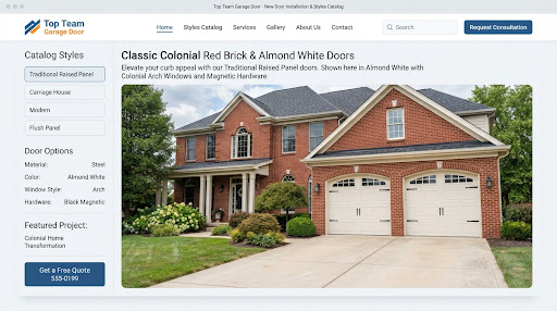 Two almond white raised-panel garage doors with arched window tops and black decorative hardware on a red brick two-story house