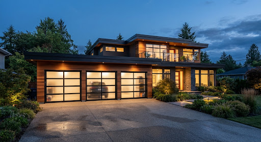 Three full-view aluminum and frosted glass garage doors glowing from inside on a flat-roofed modern house at dusk