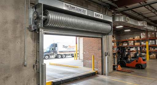 Rolling steel coil door raised above a loading bay opening with a semi trailer backed up outside and a forklift inside