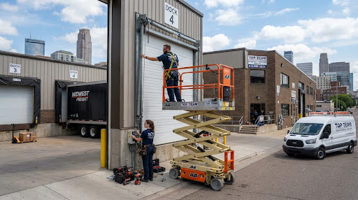 Technician on a scissor lift at a commercial loading dock door with a Top Team van parked below and a city skyline behind